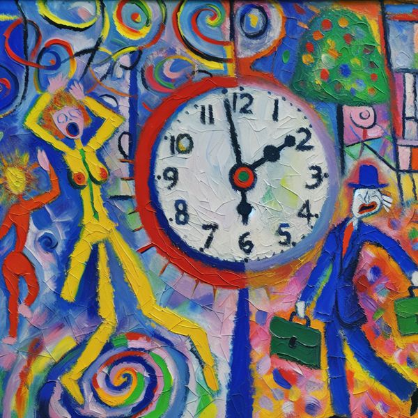 Ochtendroutine om acht uur: abstracte tijdsaanduiding voor taalstudenten Abstracte ochtendscène met klok die acht uur aangeeft, kleurrijke figuren die dagelijkse routines uitbeelden in de stijl van Karel Appel