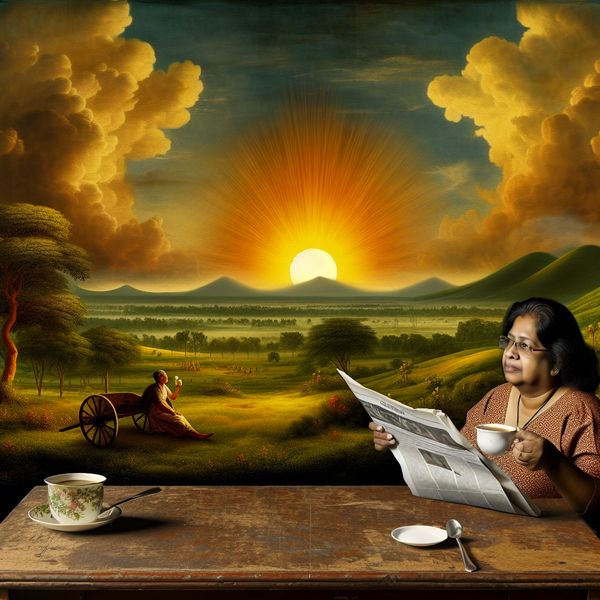 Ochtendactiviteit: Genieten van Koffie en Nieuws in de Natuurlijke Schoonheid Een persoon zit aan een rustieke houten tafel met een kop koffie en een krant in een serene ochtendscène met een opkomende zon.