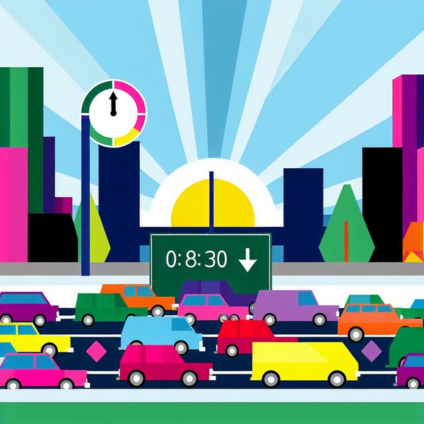 Minimalistische illustratie van een ochtendspits met file op de snelweg, omringd door geometrische gebouwen en bomen, in de stijl van Dick Bruna