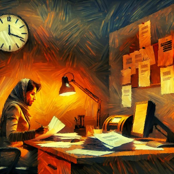 Urgente kantooractiviteit in de stijl van Vincent van Gogh Persoon werkt intensief aan bureau met papieren en computer, omgeven door warme, kolkende kleuren.