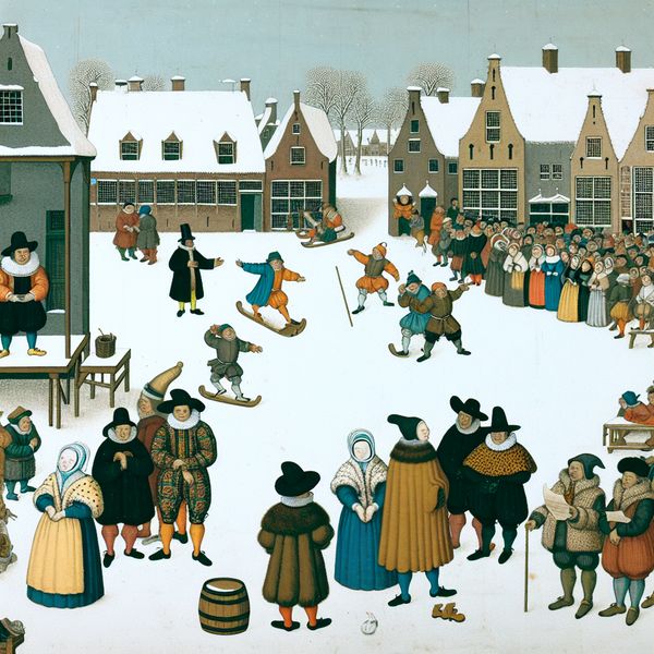 17e-eeuwse Nederlandse dorpsplein in winter met dorpsomroeper die een officieel besluit aankondigt aan dorpelingen