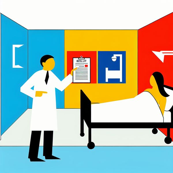 Officiële beslissing in de zorg: arts legt besluit uit aan patiënt Minimalistische illustratie van een arts die een officieel besluit aanwijst aan een patiënt in een ziekenhuiskamer, met het woord 'rust' in een spraakwolk