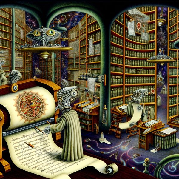Officiële vaststelling surrealistisch weergegeven: bureaucratie volgens wetten en afspraken Surrealistisch kantoor van hybride wezens die officiële documenten stempelen en archiveren volgens wetten en afspraken, in de stijl van Hieronymus Bosch