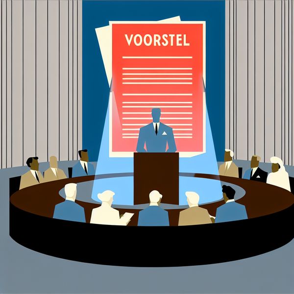 Officiële voorstel indienen gemeenteraad - minimalistische illustratie voor taalonderwijs Minimalistische illustratie van een politicus die een officieel voorstel 'VOORSTEL' presenteert tijdens een gemeenteraadsvergadering in de stijl van Dick Bruna