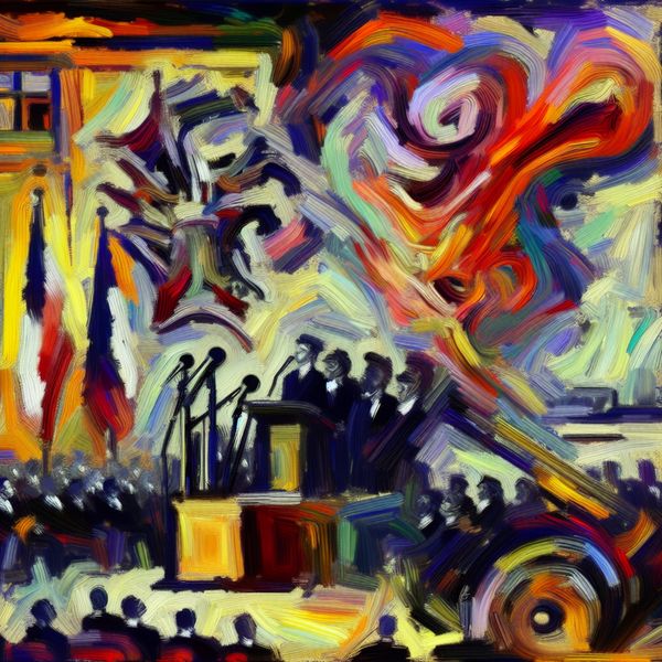 Officiële bekendmaking abstract weergegeven in expressionistische stijl Abstract expressionistische voorstelling van een officiële bekendmaking door een autoriteit, met een centrale figuur op een podium omringd door microfoons en een menigte