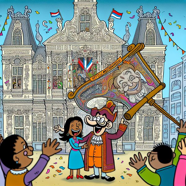 Vrolijk cartoonpaar ontvangt officiële huwelijksbevestiging voor het stadhuis met confetti en juichende menigte