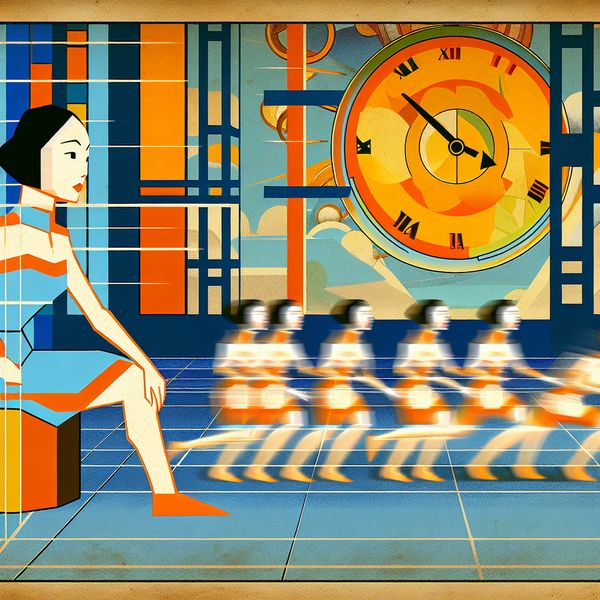 Ogenblik betekenis: visuele weergave van een kort moment in retro-futuristische stijl Retro-futuristische illustratie van een persoon in beweging met meerdere transparante versies van zichzelf, symboliserend een seconde of ogenblik