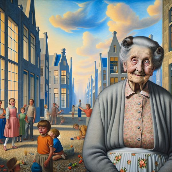 Betekenis van 'oma' als aanspreekvorm in Nederlandse omgangstaal - surrealistisch schilderij Hyperrealistisch schilderij van een vriendelijke oma omringd door spelende kinderen in een surrealistisch Nederlands straatbeeld, symboliserend de aanspreekvorm 'oma' in alledaagse omgangstaal