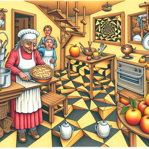 Oma en kleinkind bakken appeltaart in surrealistische Escher-stijl keuken Surrealistische illustratie van een oma die met haar kleinkind een appeltaart bakt in een geometrisch ingewikkelde keuken in de stijl van M.C. Escher, met optische illusies en warme kleuren