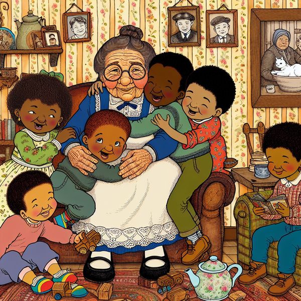 Oma met kleinkinderen: hartverwarmende familiemomenten in cartoonstijl Hartverwarmende cartoon van een oma omringd door haar kleinkinderen in een gezellige woonkamer, spelend en knuffelend