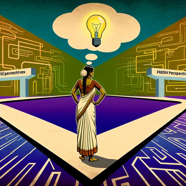 Omdenken: Verandering van mening en standpunt in retro-futuristische stijl Illustratie van een persoon bij een kruispunt met twee paden, symboliserend het veranderen van mening of standpunt (omdenken), met een lichtgevende gedachtebel en geometrische vormen