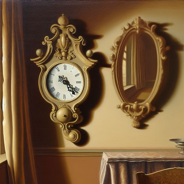 Omgekeerde tijd: surrealistische wandklok met terugdraaiende wijzers in klassieke schilderstijl Vintage wandklok met wijzers die achteruit bewegen in een elegante, tijdloze interieurscène in de stijl van Gerard ter Borch
