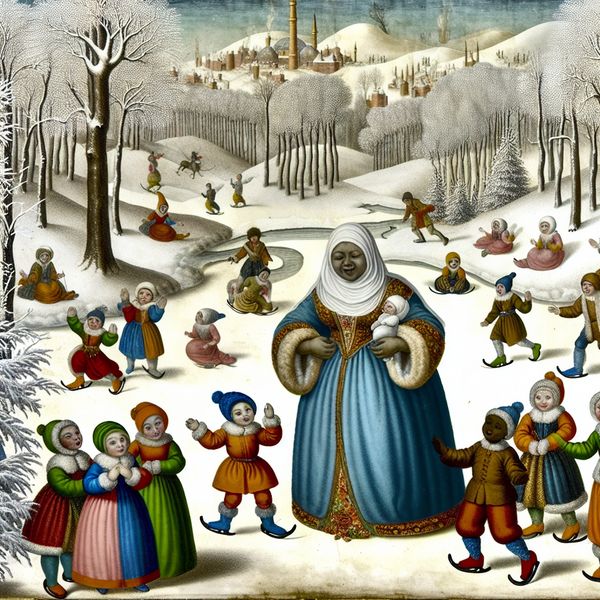 17e-eeuwse wintertafereel van een persoon omringd door zingende kinderen in een besneeuwd bos, in de stijl van Hendrick Avercamp