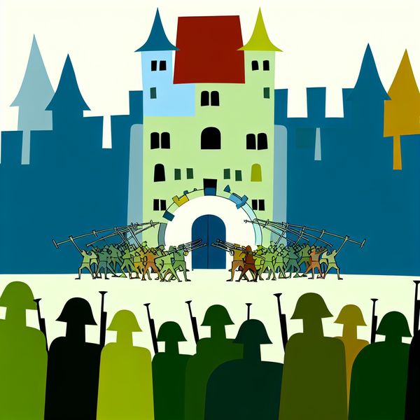 Omsingelen betekenis: stad ingesloten door soldaten - minimalistische illustratie Minimalistische illustratie van een stad omsingeld door soldaten in de stijl van Dick Bruna, symboliserend het woord 'omsingelen'