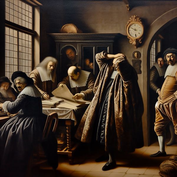 Omstandigheden in de 17e eeuw: spanning en druk op een Nederlands kantoor 17e-eeuws schilderij van gestreste professionals in een luxueus kantoor, symboliserend zware omstandigheden met tijdsdruk en spanning