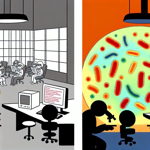 Verschil in omstandigheden: waar groei wel of niet lukt - minimalistische illustratie Minimalistische illustratie van twee tegenovergestelde omgevingen: een stressvolle kantoorruimte met gefrustreerde medewerkers en een levendige broeikas met bloeiende bacterieculturen onder een microscoop, ter illustratie van gunstige en ongunstige omstandigheden