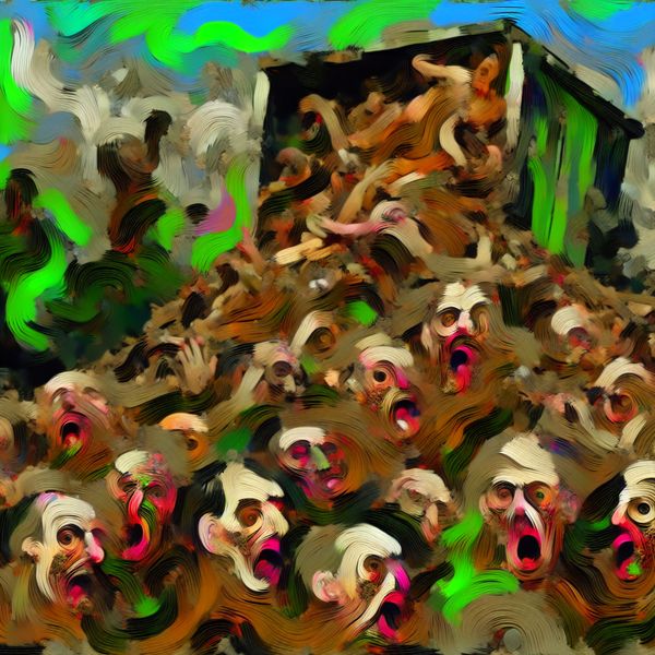 Abstracte weergave van een putrid afvalhoop met uitbarstingen van walgelijke kleuren en vervormde figuren die afschuw tonen.