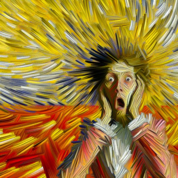 Onaangename verrassing abstract expressionisme - emotionele schok en verwarring Abstract expressionistisch schilderij van een persoon die plotseling wordt overvallen door een onaangename verrassing, met chaotische penseelstreken en felle kleuren