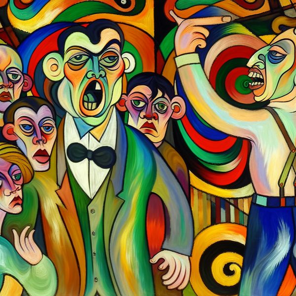 Illustratie van een onaardig persoon in Karel Appels stijl Abstracte illustratie van een onaardige persoon die een vijandig gebaar maakt naar vrienden, in de stijl van Karel Appel.
