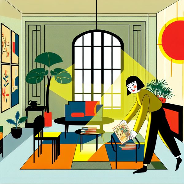 Onafhankelijke vrouw in een kleurrijke woonkamer Jonge vrouw in een minimalistische woonkamer, gelukkig haar meubels en decoraties rangschikking.