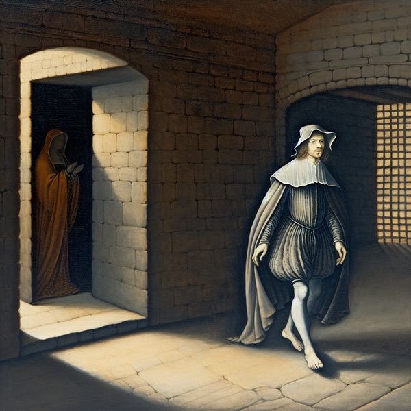 Schilderij van een persoon die uit een donkere gevangeniscel stapt naar een zonnige binnenplaats, symbool voor onafhankelijkheid en vrijheid