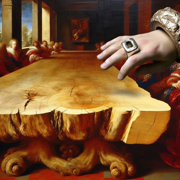 Onbehandeld eikenhout en puur zilver in barokke stijl - natuurlijke materialen leren Barokke scène met een eenvoudige, onbehandelde eikenhouten tafel en een zilveren ring, die de pure natuurlijke schoonheid van materialen benadrukt