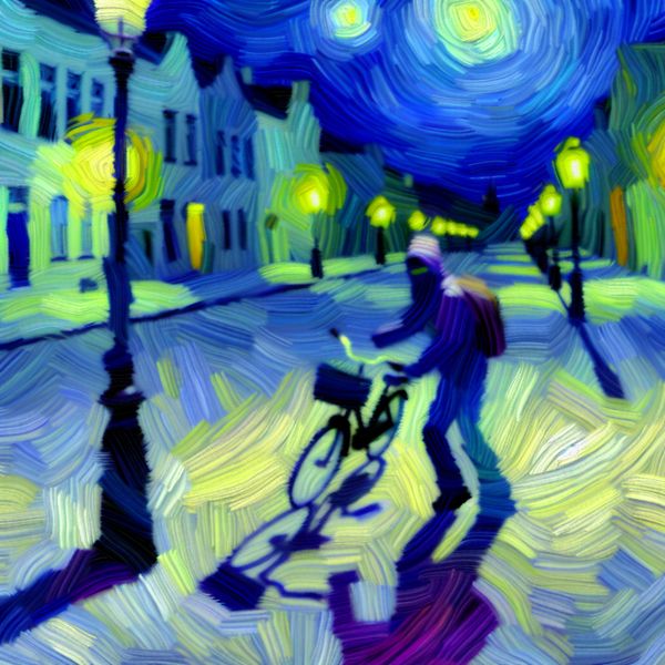 Schimmige figuur steelt een fiets onder een straatlantaarn in Van Gogh-stijl, symboliserend voor een onbekende persoon