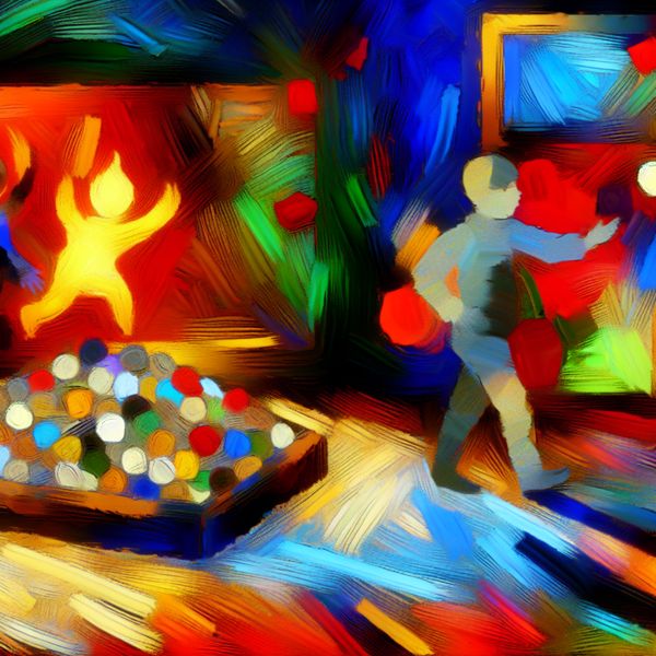 Abstracte voorstelling van onbelangrijkheid: geld versus geluk in Karel Appel-stijl Abstract schilderij in de stijl van Karel Appel met een persoon die geld en bezittingen wegwuift en een stralende figuur van geluk omarmt, symbool voor 'onbelangrijk'