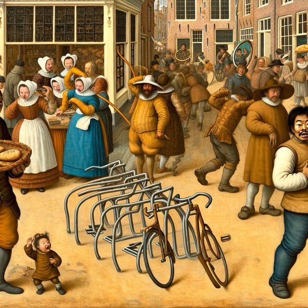 Nederlandse straattaferelen met onbepaalde persoon en vermiste fiets Drukke Nederlandse straatscene in de stijl van Jan Steen met een persoon die verward naar een lege fietsenrek kijkt, terwijl anderen rondlopen en bezig zijn
