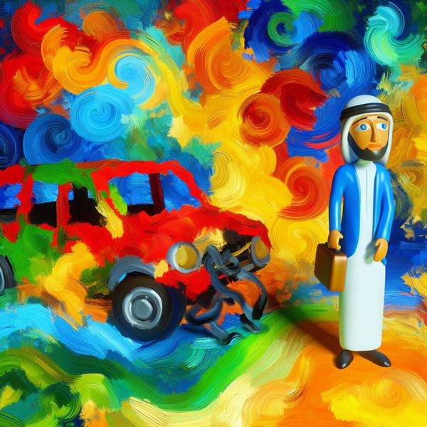 Abstracte voorstelling van een persoon die onbeschadigd uit een chaotisch auto-ongeluk komt, geschilderd in expressieve stijl met felle kleuren