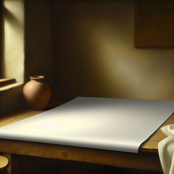 Onbeschreven papier leeg oppervlak taal leren Nederlands stillevenschilderij Stilleven met onbeschreven wit papier op houten tafel, Vermeer-stijl met zacht licht en subtiele details