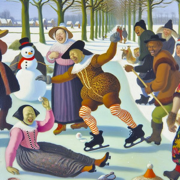 Onconventioneel winterfeest met dans op ijs en sneeuwpop Vrolijke winterse scène van een ongebruikelijk buitenfeest met mensen die dansen op ijs en een sneeuwpop bouwen.