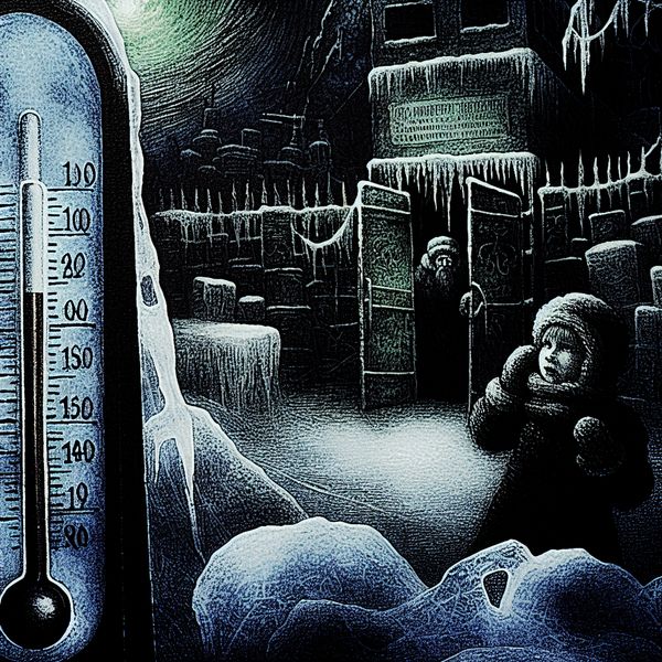 Symbolische voorstelling van 'onder' als minder dan een bepaald niveau, met een bevroren thermometer in een donkere winterse omgeving en een kind bij een gratis toegankelijke ingang