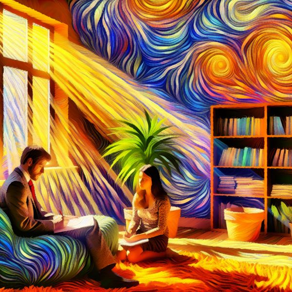 Therapeutisch gesprek onder behandeling in expressieve Van Gogh-stijl Therapiekamer in Van Gogh-stijl met patiënt en therapeut in gesprek, symboliserend 'onder behandeling staan' bij een zorgverlener