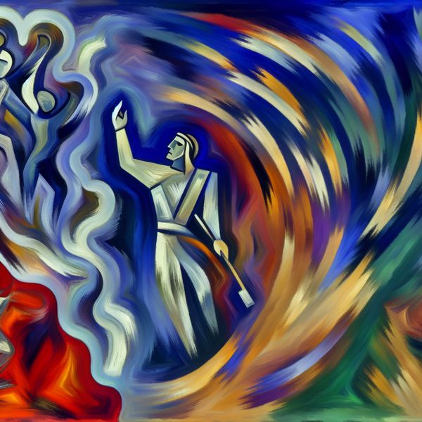 Abstract expressionistische kunst die de onderbreking in een gesprek weergeeft, met een centrale figuur die zijn hand opsteekt met een verontschuldigende uitdrukking.