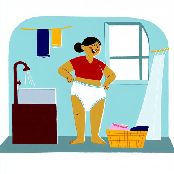 Minimalistische illustratie van een vrolijk persoon in een badkamer die witte onderbroek aantrekt na het douchen