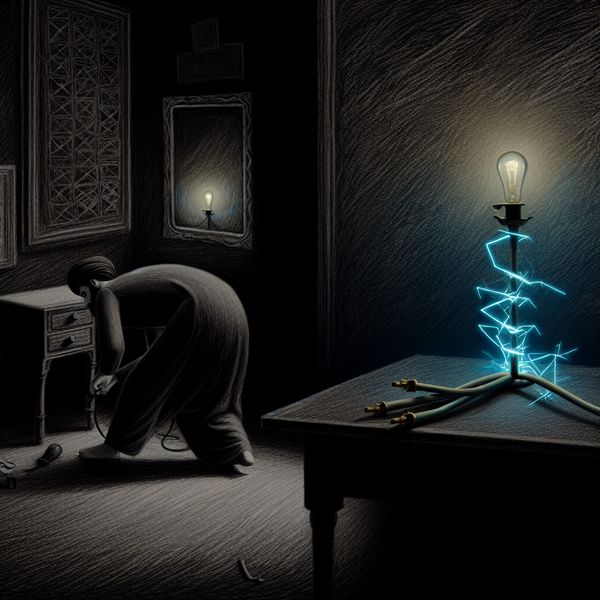 Donkere, gotische kamer waarin een persoon een lamp vervangt met een doorgesneden elektriciteitskabel waar blauwe vonken uit komen, symboliserend de afwezigheid van stroom