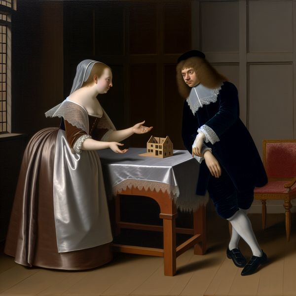 17e-eeuws schilderij: gesprek over specifiek onderdeel of detail in Nederlandse stijl Twee elegante figuren in een 17e-eeuws Hollands interieur bespreken aandachtig een miniatuur huismodel, symbool voor een specifiek onderdeel of detail
