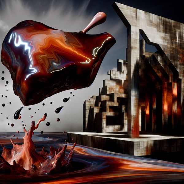 Onderdompelen van vlees in rijke marinade Een hyper-realistisch beeld van een groot stuk vlees dat boven de grond hangt, ondergedompeld in een glanzende marinade met spatten rondom, tegen een surrealistische architecturale achtergrond.