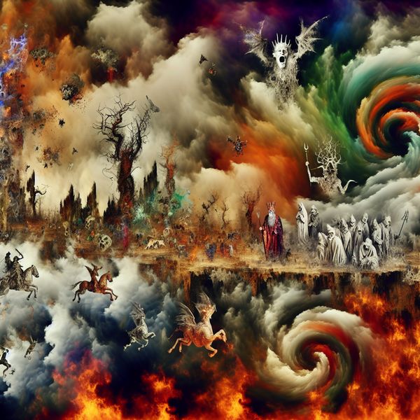 Surrealistische afbeelding van de ondergang van goden, met mythische wezens en goden in chaos