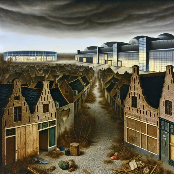 Ondergang van kleine winkels: dramatisch Hollands landschap met verlaten straat 17e-eeuws Hollands landschap van Jacob van Ruisdael met een verlaten winkelstraat, overwoekerd door onkruid en met dichtgetimmerde winkels, tegenover een modern winkelcentrum op de achtergrond