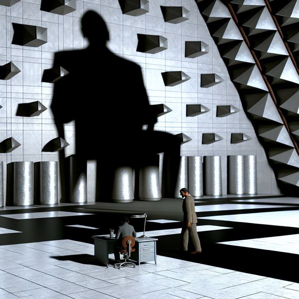 Ondergeschikte positie werknemer surrealistisch kantoor machtsverhouding Surrealistisch kantoorinterieur met een kleine werknemer ondergeschikt aan een enorme, dreigende baasfiguur, symboliserend machtsongelijkheid
