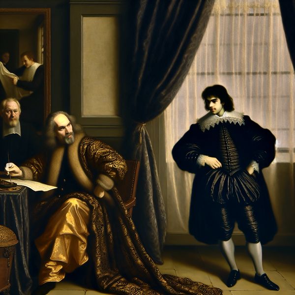 Historische scène ondergeschiktheid: assistent en autoriteit in Nederlandse Gouden Eeuw 17e-eeuws Nederlands interieur met twee mannen in een hiërarchische interactie, waarbij de ene man autoritair wijst naar documenten en de ander respectvol toekijkt met subtiele frustratie