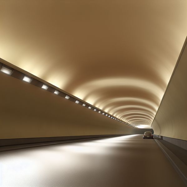 Serene tunnel met zacht licht en een langzaam rijdende auto, geschilderd in de stijl van Johannes Vermeer
