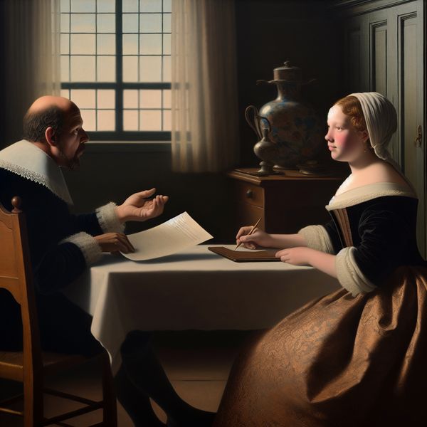 Een scène van een onderhandeling tussen twee partijen aan een houten tafel, waarbij de ene persoon een document presenteert en de andere aantekeningen maakt.