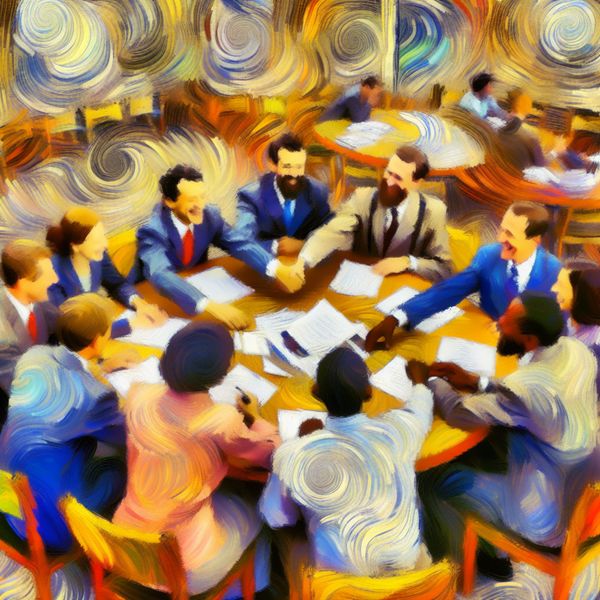 Gelukkige onderhandelingservaring aan een ronde tafel Een kleurige en expressieve afbeelding van een succesvolle onderhandeling aan een ronde tafel, waar verschillende mensen handenschudden en glimlachen uitwisselen.