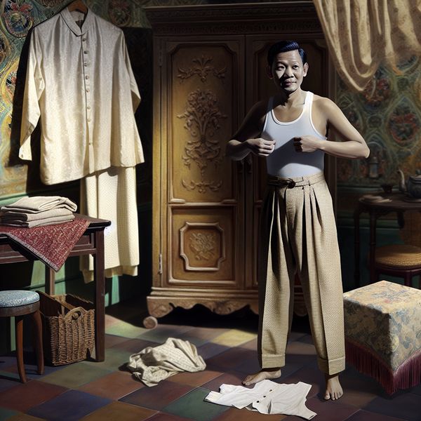 Onderhemd als onderkleding in nostalgische setting - Anton Pieck stijl Persoon in nostalgische kamer met houten kast, draagt een lichtgekleurd mouwloos onderhemd onder een gedeeltelijk open bovenkledingstuk