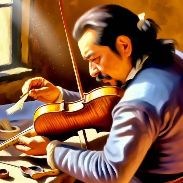 Vakkundige violist onderhoudt strijkstok in zonlicht Een ervaren violist onderhoudt de har van zijn strijkstok in een zonverlichte kamer
