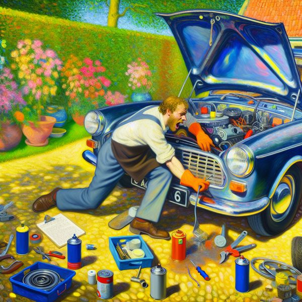 Onderhoud van een auto: Enthousiaste man toont toewijding Een man onderhoudt zijn auto in een zonnige oprit met gereedschap en autoonderdelen.