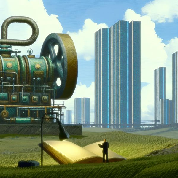 Eenvoudig Onderhouden van Technologie in een Surrealistische Industrie Een persoon die een complexe machine onderhoudt terwijl hij een gebruikershandleiding leest, in een hyper-realistisch industriegebied.